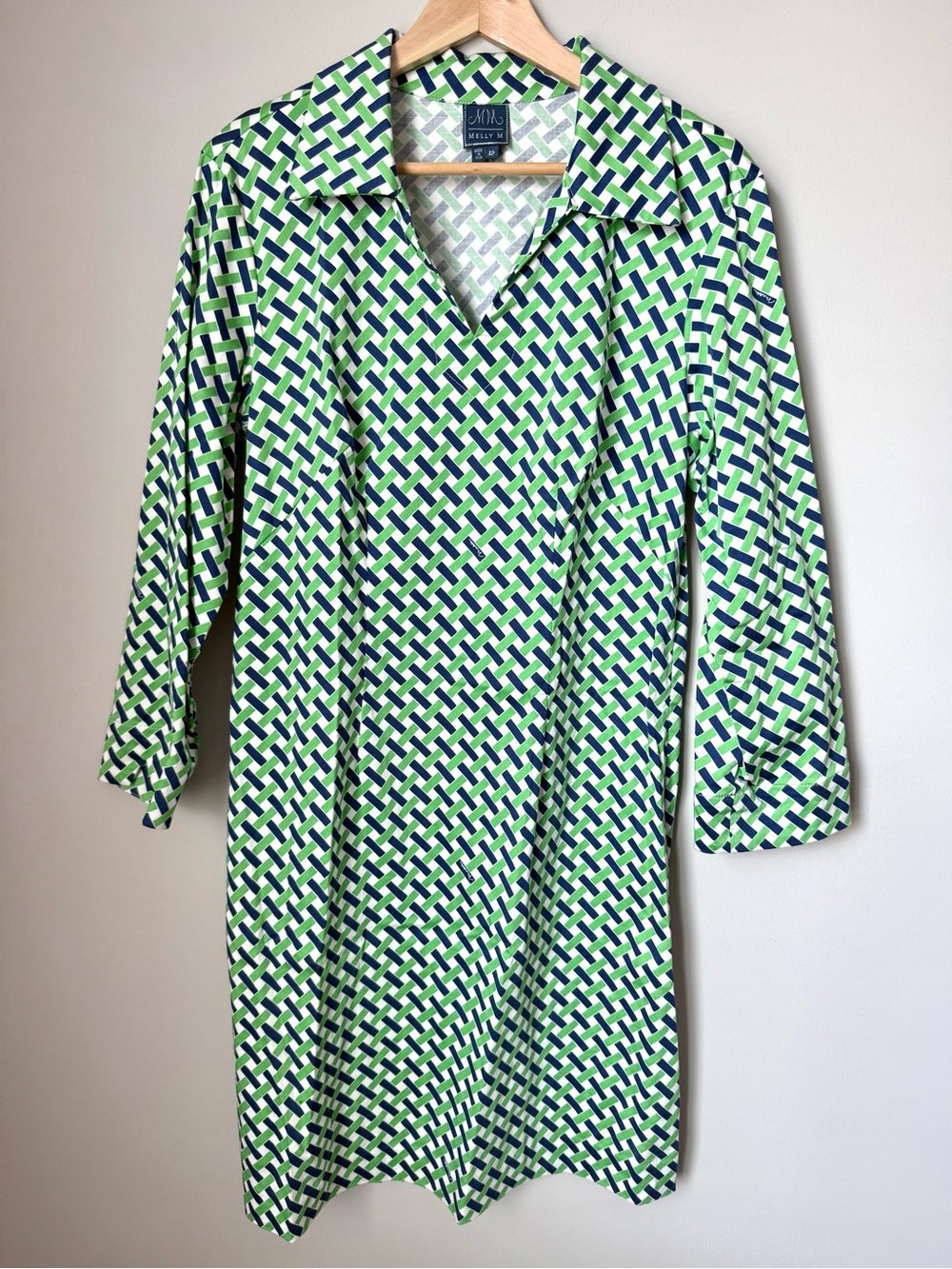 Melly M Green Navy Geometric Print Tailored Collared Shift Dress 3/4 Sleeves